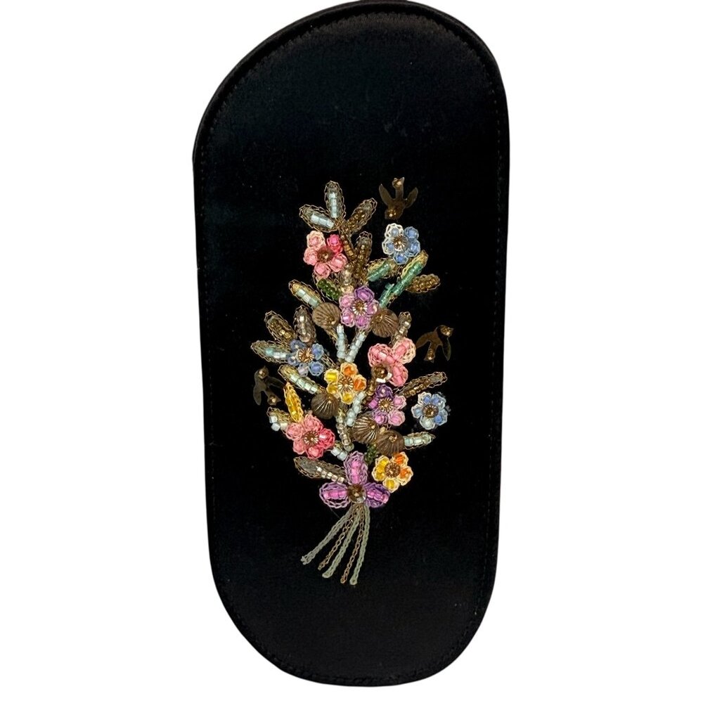 Black Satin Beaded Eyeglass Case Floral Sequin Embroidered Slip in Style